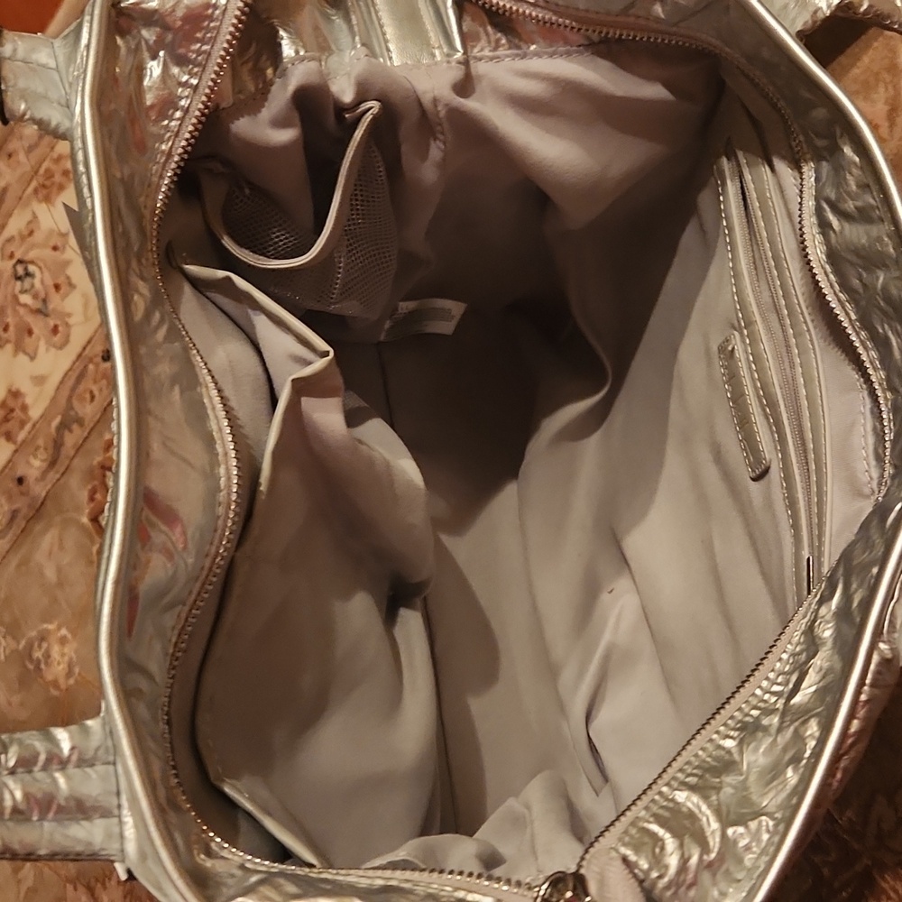 Nicole Miller Silver Quilted Women's Tote Bag Fancy Weekender Shoulder Bag - Picture 14 of 16